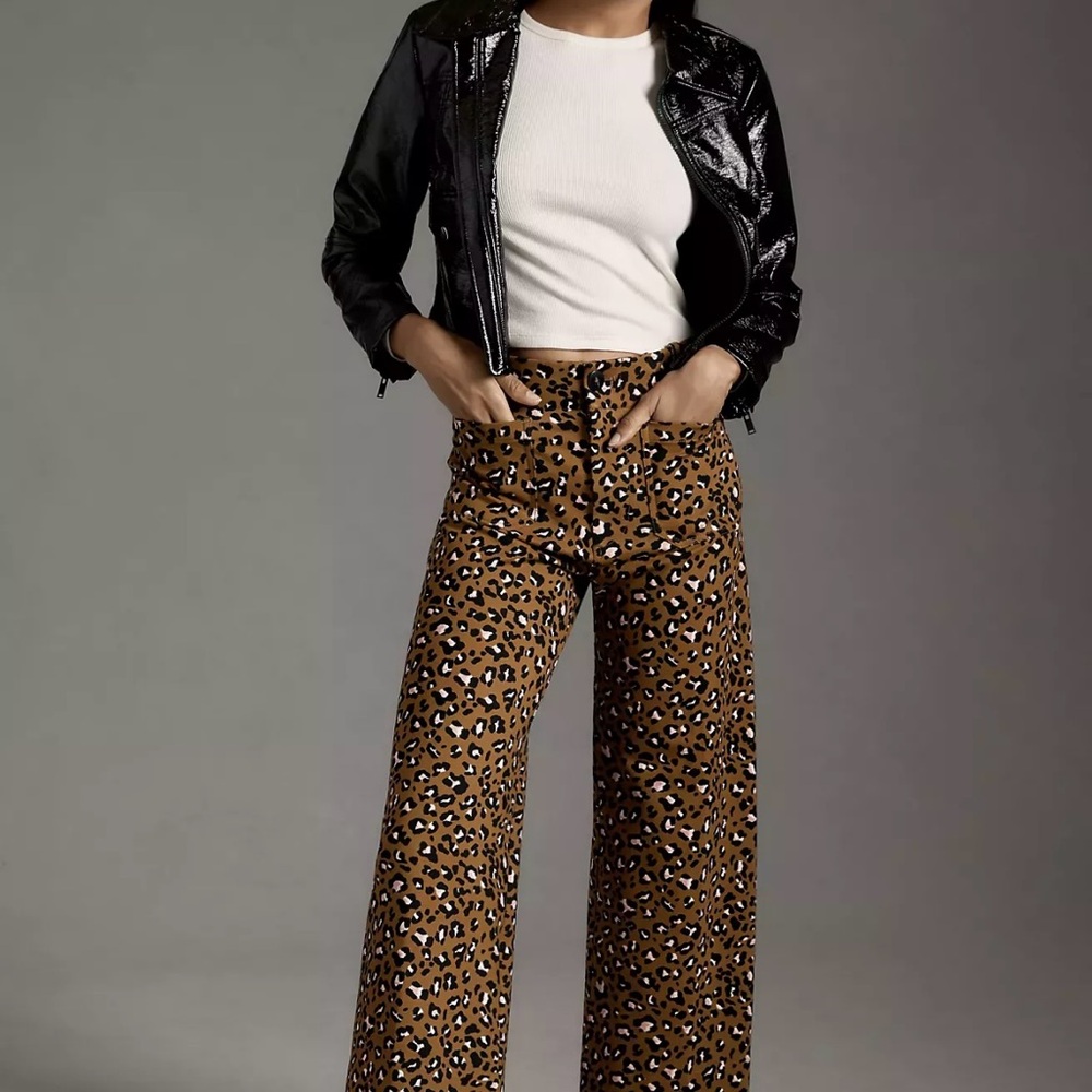 Maeve Olive Green Leopard Print Cropped Pants with Pink & Black Spots - Picture 4 of 5